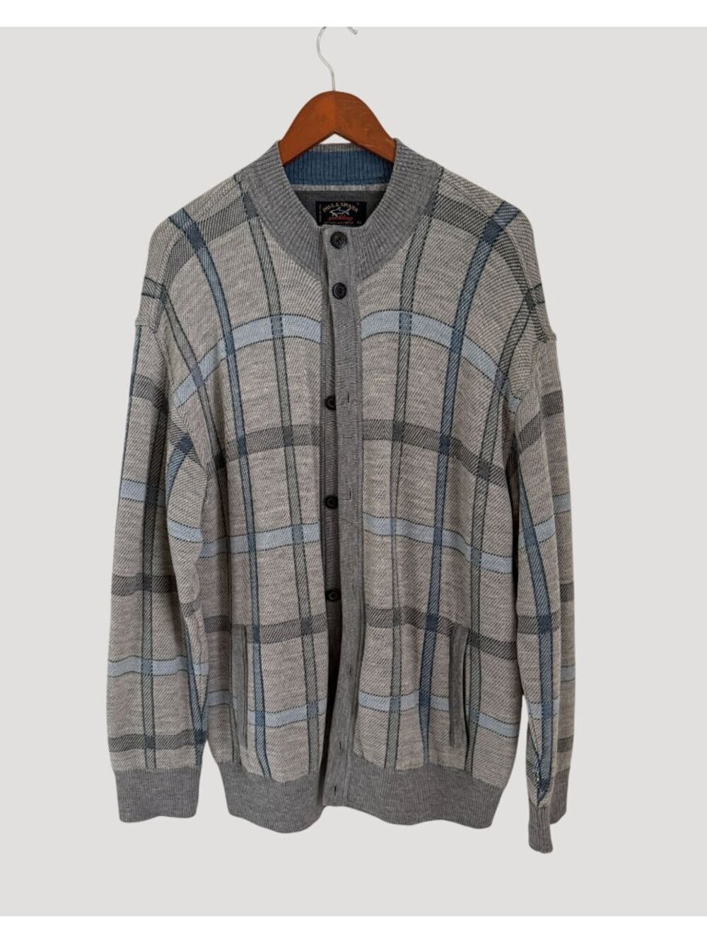 Paul & Shark Yachting Plaid Wool Cardigan Jacket Size XL Made in Italy Gray & Bl